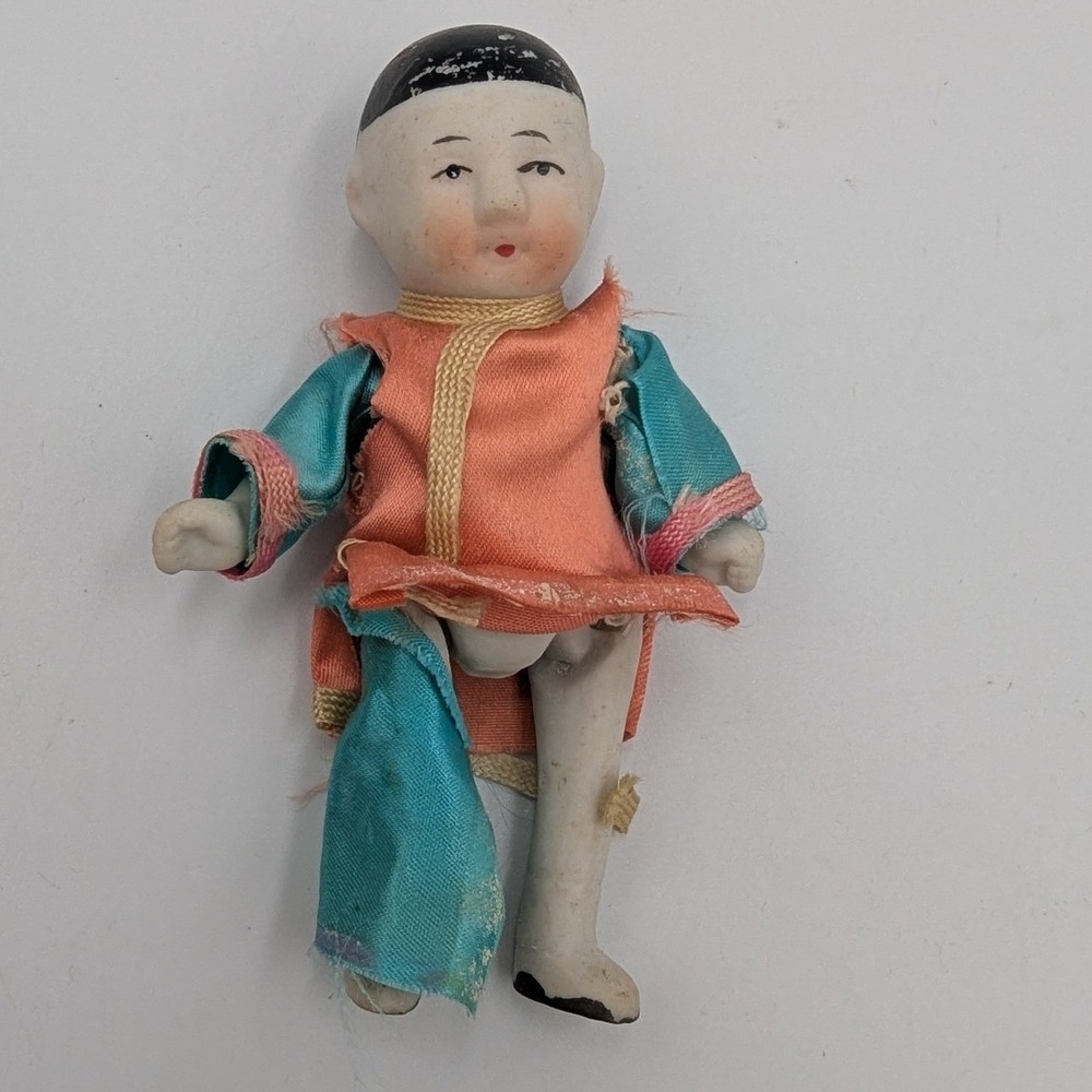 Vintage Bisque Miniature Doll Teal Coral Silk Outfit Traditional Asian Style
